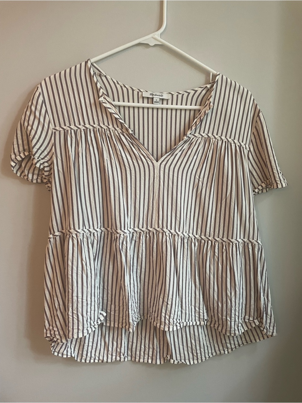 Madewell Striped Light Lavender and White Peplum Short Sleeve Blouse Small